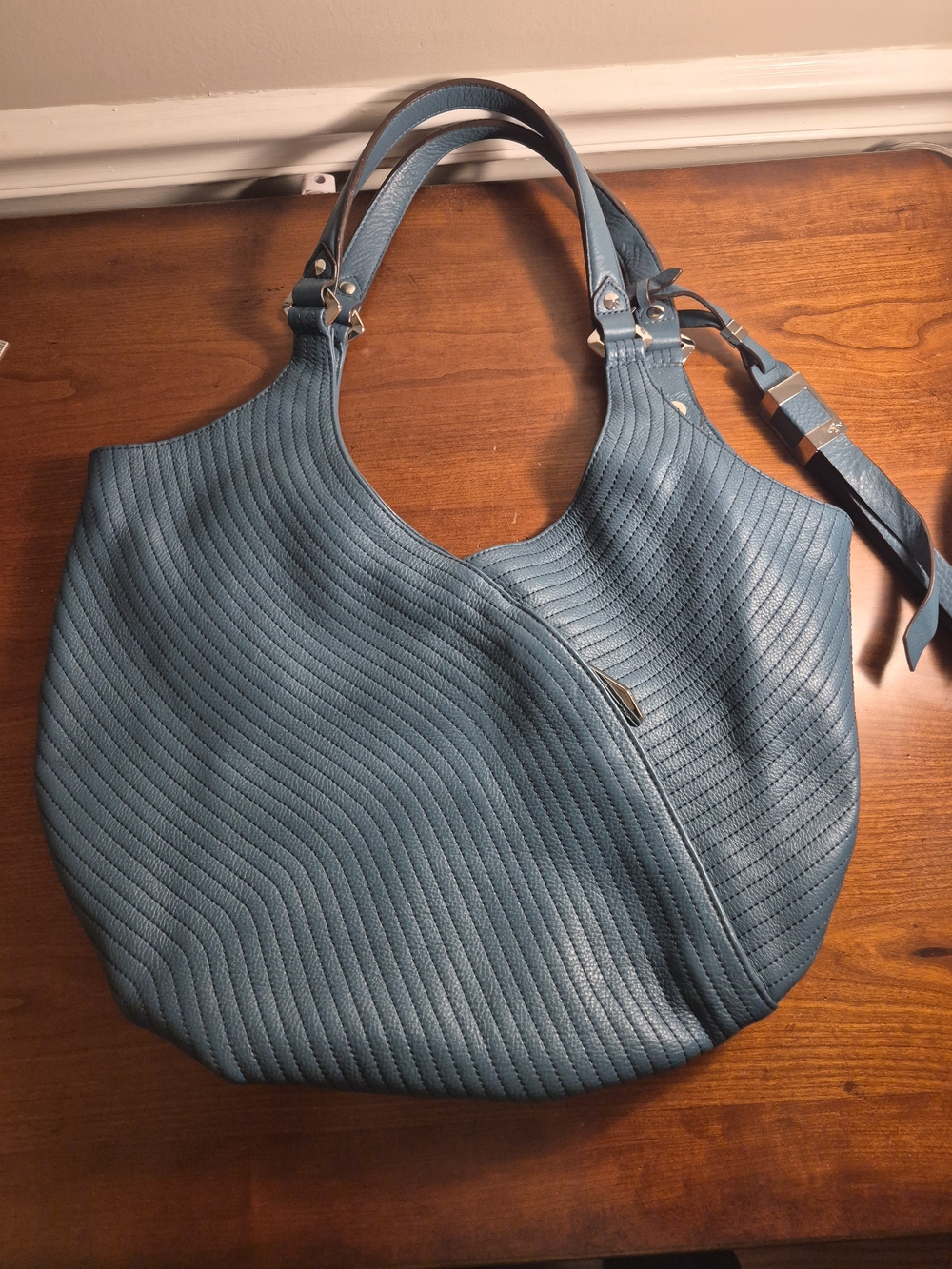 orYANY Teal Wavy-Quilted Leather Shoulder Bag